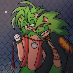 Size: 1000x1000 | Tagged: safe, artist:specialneedz, manik the hedgehog, scourge the hedgehog, hedgehog, abstract background, blushing, collar, duo, eyelashes, fence, frown, gay, holding something, leash, lidded eyes, looking offscreen, male, males only, nighttime, outdoors, scouranik, shipping, smile, standing