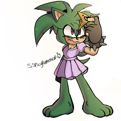 Size: 1500x1500 | Tagged: safe, artist:sspicyramencup, oc, hedgehog, barefoot, dress, fankid, female, fingerless gloves, frown, holding something, magical gay spawn, oc only, one fang, parent:manik, parent:scourge, parents:scouranik, paws, signature, simple background, solo, spiked bracelet, standing, tiara, white background
