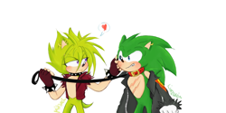 Size: 960x480 | Tagged: safe, artist:askthefourshedgehogs, manik the hedgehog, scourge the hedgehog, hedgehog, blushing, collar, duo, gay, heart, leash, looking at each other, male, males only, scouranik, shipping, simple background, spiked bracelet, spiked collar, standing, white background