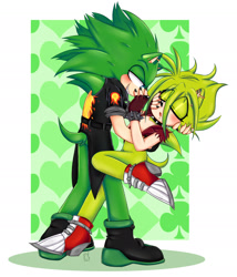 Size: 2048x2389 | Tagged: safe, artist:askthefourshedgehogs, manik the hedgehog, scourge the hedgehog, hedgehog, abstract background, blushing, dramatic, duo, eyes closed, fingerless gloves, gay, holding each other, looking at them, male, males only, mouth open, scouranik, shipping, smile, spiked bracelet, spiked collar, standing