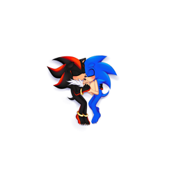 Size: 2000x2000 | Tagged: safe, artist:askthefourshedgehogs, shadow the hedgehog, sonic the hedgehog, hedgehog, barefoot, blushing, claws, cuddling, duo, eyes closed, floppy ears, gay, gloves off, holding each other, lying on side, male, males only, shadow x sonic, shipping, simple background, sleeping, white background