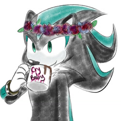 Size: 1280x1280 | Tagged: safe, artist:askthefourshedgehogs, mephiles the dark, coffee, drinking, english text, flower crown, holding something, looking ahead, mug, simple background, solo, standing, white background