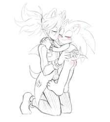 Size: 1280x1422 | Tagged: safe, artist:askthefourshedgehogs, shadow the hedgehog, sonic the hedgehog, hedgehog, human, :3, alternate universe, barefoot, blushing, blushing butt, blushing ears, butt, claws, cute, duo, eyes closed, gay, hugging, humanized, kneeling, male, males only, shadow x sonic, shipping, simple background, smile, sonabetes, standing, white background