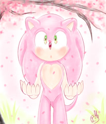 Size: 1280x1493 | Tagged: safe, artist:askthefourshedgehogs, sonic the hedgehog, oc, oc:sakura sonic, hedgehog, :o, abstract background, blushing, color swap, grass, looking ahead, male, mouth open, outdoors, petals, pink fur, signature, solo, standing, tree