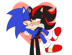 Size: 1280x985 | Tagged: safe, artist:askthefourshedgehogs, shadow the hedgehog, sonic the hedgehog, hedgehog, abstract background, blushing, carrying them, duo, eyes closed, gay, heart, looking at them, male, males only, one fang, shadow x sonic, shipping, signature, smile, standing