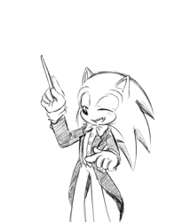 Size: 1200x1400 | Tagged: safe, artist:askthefourshedgehogs, sonic the hedgehog, hedgehog, baton, eyes closed, holding something, male, simple background, smile, solo, standing, suit, white background