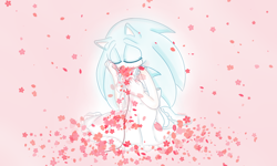 Size: 1280x768 | Tagged: safe, artist:askthefourshedgehogs, sonic the hedgehog, hedgehog, crying, dress, eyes closed, hanahaki disease, kneeling, male, petals, pink background, simple background, solo, tears, tears of sadness