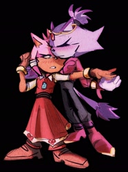 Size: 1520x2048 | Tagged: safe, artist:youhalfwit, amy rose, blaze the cat, cat, hedgehog, alternate outfit, amy x blaze, black background, blushing, clenched teeth, dancing, dress, duo, eyes closed, female, females only, lesbian, lidded eyes, looking at them, pirate outfit, shipping, simple background, standing