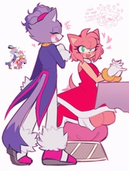 Size: 1540x2048 | Tagged: safe, artist:minxinq, amy rose, blaze the cat, cat, hedgehog, amy x blaze, blushing, duo, english text, eyes closed, female, females only, heart, kneeling, lesbian, redraw, reference inset, shipping, simple background, standing, table, wagging tail, white background