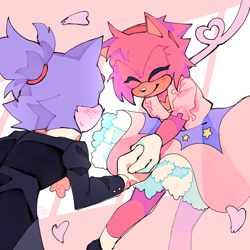 Size: 2000x2000 | Tagged: safe, artist:commandette, amy rose, blaze the cat, cat, hedgehog, abstract background, amy x blaze, blushing, dress, duo, eyes closed, female, females only, heart, holding hands, lesbian, shipping, smile, suit, sweatdrop, wedding, wedding dress, wedding suit