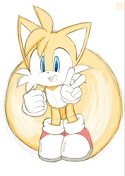 Size: 849x1200 | Tagged: artist needed, source needed, safe, miles "tails" prower, fox, clenched fist, flying, looking ahead, mouth open, simple background, sketch, smile, solo, spinning tails, v sign, white background