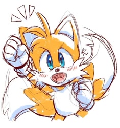 Size: 720x765 | Tagged: artist needed, source needed, safe, miles "tails" prower, fox, blushing, cheering, clenched fists, looking at viewer, male, mouth open, signature, simple background, sketch, smile, solo, standing, white background