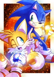 Size: 1240x1754 | Tagged: safe, artist:sonic_sino, miles "tails" prower, sonic the hedgehog, fox, hedgehog, 2022, abstract background, chaos emerald, duo, holding something, looking at them, looking at viewer, male, males only, smile, wink