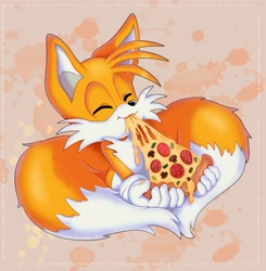 Size: 2005x2048 | Tagged: safe, artist:montyth, miles "tails" prower, fox, abstract background, eating, eyes closed, food, holding something, male, pizza, solo
