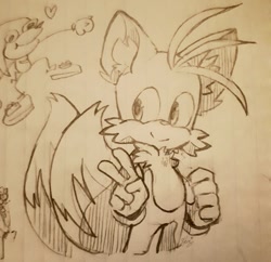 Size: 695x674 | Tagged: safe, artist:hsouflee, knuckles the echidna, miles "tails" prower, echidna, fox, 2022, duo, ear fluff, heart, looking offscreen, male, males only, sketch, smile, solo focus, standing, traditional media, v sign