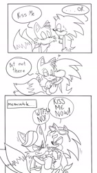 Size: 1080x1920 | Tagged: safe, artist:emilywiccan, miles "tails" prower, miles (anti-mobius), scourge the hedgehog, sonic the hedgehog, fox, hedgehog, blushing, comic, english text, gay, kiss, kiss on cheek, monochrome, scouriles, shipping, sonic x tails, text