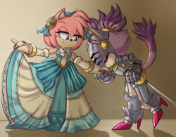 Size: 540x422 | Tagged: safe, artist:alittlebitfast, amy rose, blaze the cat, nimue, cat, hedgehog, sonic and the black knight, 2017, amy x blaze, cute, dress, female, females only, kiss on hand, knight armor, lesbian, shipping, sir percival, sword