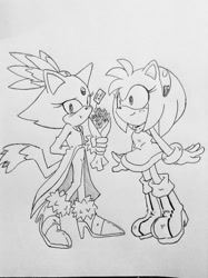 Size: 540x723 | Tagged: safe, artist:smsskullleader, amy rose, blaze the cat, cat, hedgehog, 2018, amy x blaze, amy's halterneck dress, blaze's tailcoat, bouquet, cute, female, females only, flowers, lesbian, looking at them, shipping, sketch