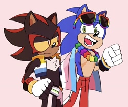 Size: 1653x1380 | Tagged: safe, artist:weirdozjunkary, shadow the hedgehog, sonic the hedgehog, hedgehog, ace, agender, agender pride, aro ace pride, aromantic, duo, gay, jacket, male, pants, pink background, pride, pride flag, simple background, smile, standing, sunglasses, top surgery scars, trans male, trans pride, transgender, yellow sclera