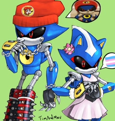Size: 1880x1980 | Tagged: safe, artist:timandmau, metal sonic, beanie, black sclera, boots, bracelet, chain, dress, female, flower, green background, pride flag, reference inset, robot, simple background, solo, standing, trans female, trans pride, transgender