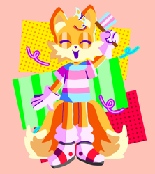 Size: 1280x1442 | Tagged: safe, artist:saturnsoda, miles "tails" prower, fox, abstract background, eyes closed, flag, mouth open, pride, pride flag, shirt, smile, solo, standing, trans pride, transgender