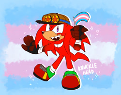 Size: 1068x838 | Tagged: safe, artist:knuckie-head, knuckles the echidna, echidna, fingerless gloves, flag, hat, holding something, looking at viewer, male, mouth open, pride flag, pride flag background, signature, smile, solo, sparkles, trans male, trans pride, transgender
