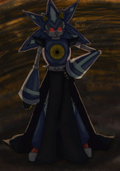 Size: 2039x2894 | Tagged: safe, artist:phoenixfeeart, metal sonic, neo metal sonic, abstract background, black sclera, female, glowing eyes, skirt, standing, trans female, transgender