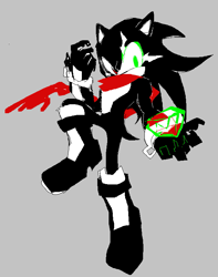 Size: 613x778 | Tagged: safe, artist:lyingbattery, hedgehog, chaos emerald, glowing eyes, grey background, looking offscreen, male, prototype shadow, scarf, simple background, solo, terios the hedgehog, torn scarf