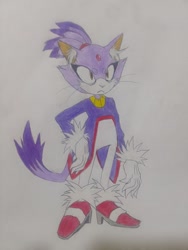 Size: 1536x2048 | Tagged: safe, artist:transgender-battlekukku, blaze the cat, cat, ear fluff, female, frown, hand on hip, looking offscreen, solo, standing, traditional media, whiskers