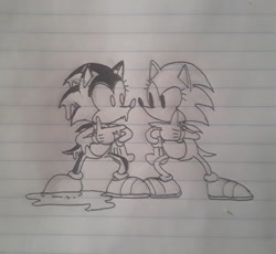 Size: 2048x1881 | Tagged: safe, artist:transgender-battlekukku, sonic the hedgehog, hedgehog, ashura the hedgehog, classic sonic, duo, eyelashes, lined paper, liquid, looking at each other, male, traditional media, wet