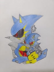 Size: 1536x2048 | Tagged: safe, artist:transgender-battlekukku, metal sonic, angry, black sclera, carrying them, duo, female, females only, looking offscreen, metal sonic omochao, mother and daughter, robot, standing, traditional media, trans female, transgender