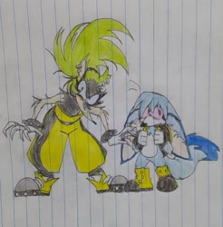 Size: 2048x2083 | Tagged: safe, artist:transgender-battlekukku, kit the fennec, surge the tenrec, duo, female, fennec, lined paper, male, standing, traditional media
