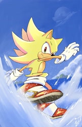 Size: 1920x2968 | Tagged: safe, artist:james kinkead, sonic the hedgehog, super sonic, hedgehog, abstract background, death egg, frown, looking at viewer, male, ocean, outdoors, solo, super form, water