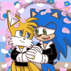Size: 1700x1700 | Tagged: safe, artist:tailsfann1992, miles "tails" prower, sonic the hedgehog, fox, hedgehog, 2023, abstract background, duo, flower, gay, holding hands, looking at each other, male, males only, outdoors, petals, shipping, smile, sonic x tails, standing, wedding, wedding ring, wedding suit
