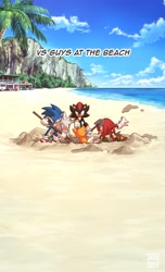 Size: 1450x2386 | Tagged: safe, artist:kiioki11, knuckles the echidna, miles "tails" prower, shadow the hedgehog, silver the hedgehog, sonic the hedgehog, beach, digging