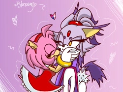 Size: 1570x1175 | Tagged: safe, artist:lily_nanami_, amy rose, blaze the cat, cat, hedgehog, 2023, amy x blaze, amy's halterneck dress, bisexual pride, blaze's tailcoat, cute, eyes closed, female, females only, hand on chin, hearts, lesbian, sapphic pride, shipping