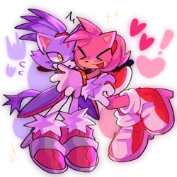 Size: 1000x1000 | Tagged: safe, artist:tailsthefoxs, amy rose, blaze the cat, cat, hedgehog, 2023, amy x blaze, amy's halterneck dress, blaze's tailcoat, cute, exclamation mark, eyes closed, female, females only, hearts, hugging, lesbian, shipping