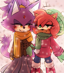 Size: 540x617 | Tagged: safe, artist:alittlebitfast, amy rose, blaze the cat, cat, hedgehog, 2017, amy x blaze, blushing, cute, female, females only, holding hands, lesbian, shipping, winter, winter outfit
