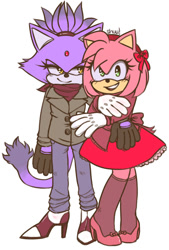 Size: 540x800 | Tagged: safe, artist:alittlebitfast, amy rose, blaze the cat, cat, hedgehog, 2017, amy x blaze, cute, dress, female, females only, lesbian, looking at them, looking at viewer, shipping