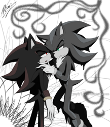 Size: 1297x1492 | Tagged: safe, artist:myly14, mephiles the dark, shadow the hedgehog, hedgehog, 2013, abstract background, duo, frown, gay, greyscale, lidded eyes, looking at each other, male, mephadow, mouth open, shipping, signature, standing