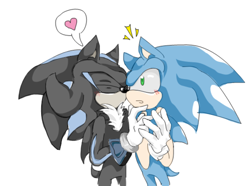Size: 500x372 | Tagged: safe, artist:yuki-takimura, mephiles the dark, sonic the hedgehog, hedgehog, 2013, blushing, duo, eyes closed, gay, heart, holding them, kiss on cheek, male, mephonic, mouth open, shipping, simple background, standing, surprised, white background