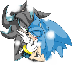 Size: 298x280 | Tagged: safe, artist:yuki-takimura, mephiles the dark, sonic the hedgehog, hedgehog, 2013, blushing, duo, gay, holding each other, hugging, lidded eyes, looking at each other, male, mephonic, shipping, simple background, smile, standing, white background