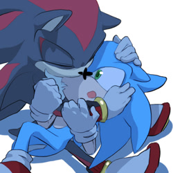 Size: 500x500 | Tagged: safe, artist:prr-11, shadow the hedgehog, sonic the hedgehog, hedgehog, 2014, cute, duo, eyes closed, floppy ear, gay, holding them, looking at them, lying on them, male, males only, mouth open, shadow x sonic, shipping, simple background, sitting, surprised, white background