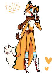 Size: 943x1280 | Tagged: safe, artist:мαяѕнαℓℓмєℓℓσω, miles "tails" prower, fox, belt, blushing, boots, brown gloves, character name, english text, goggles, heart, looking at viewer, male, mouth open, pointing, redesign, scarf, simple background, smile, solo, standing, stockings, white background