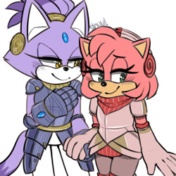 Size: 540x540 | Tagged: safe, artist:alittlebitfast, amy rose, blaze the cat, cat, hedgehog, 2018, amy x blaze, cute, female, females only, holding hands, knight armor, lesbian, shipping