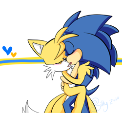 Size: 670x622 | Tagged: safe, artist:sillysilly62, miles "tails" prower, sonic the hedgehog, fox, hedgehog, 2010, abstract background, blushing, duo, eyes closed, french kiss, gay, gloves off, heart, kiss, male, males only, mouth open, shipping, signature, sonic x tails, standing, tongue out