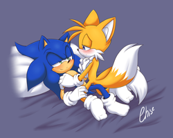 Size: 1200x961 | Tagged: safe, artist:resuku, miles "tails" prower, sonic the hedgehog, fox, hedgehog, 2015, abstract background, bed, blushing, duo, gay, indoors, lidded eyes, looking at each other, lying down, male, males only, pillow, shipping, shoes off, signature, sitting on them, sonic x tails
