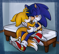 Size: 1104x1011 | Tagged: safe, artist:devotedsidekick, miles "tails" prower, sonic the hedgehog, fox, hedgehog, abstract background, blushing, commission, duo, floppy ears, gay, holding each other, indoors, kiss, male, males only, shipping, sitting, sonic x tails