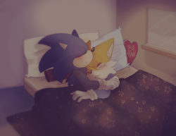 Size: 1612x1244 | Tagged: safe, artist:osomatsu, miles "tails" prower, sonic the hedgehog, fox, hedgehog, 2017, abstract background, bed, blushing, cuddling, cute, duo, english text, eyes closed, gay, heart, indoors, male, males only, pillow, shipping, sleeping, smile, sonic x tails, valentine's day, window
