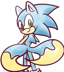 Size: 900x1000 | Tagged: safe, artist:artist-block, sonic the hedgehog, hedgehog, 2015, looking back, looking back at viewer, male, simple background, smile, solo, standing, tail swap, two tails, white background
